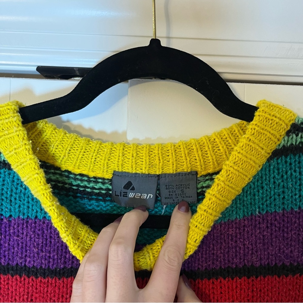 Vintage 80s Colorful Striped Sweater Geometric Granola Cabin Knit Chunky Small - Picture 4 of 6